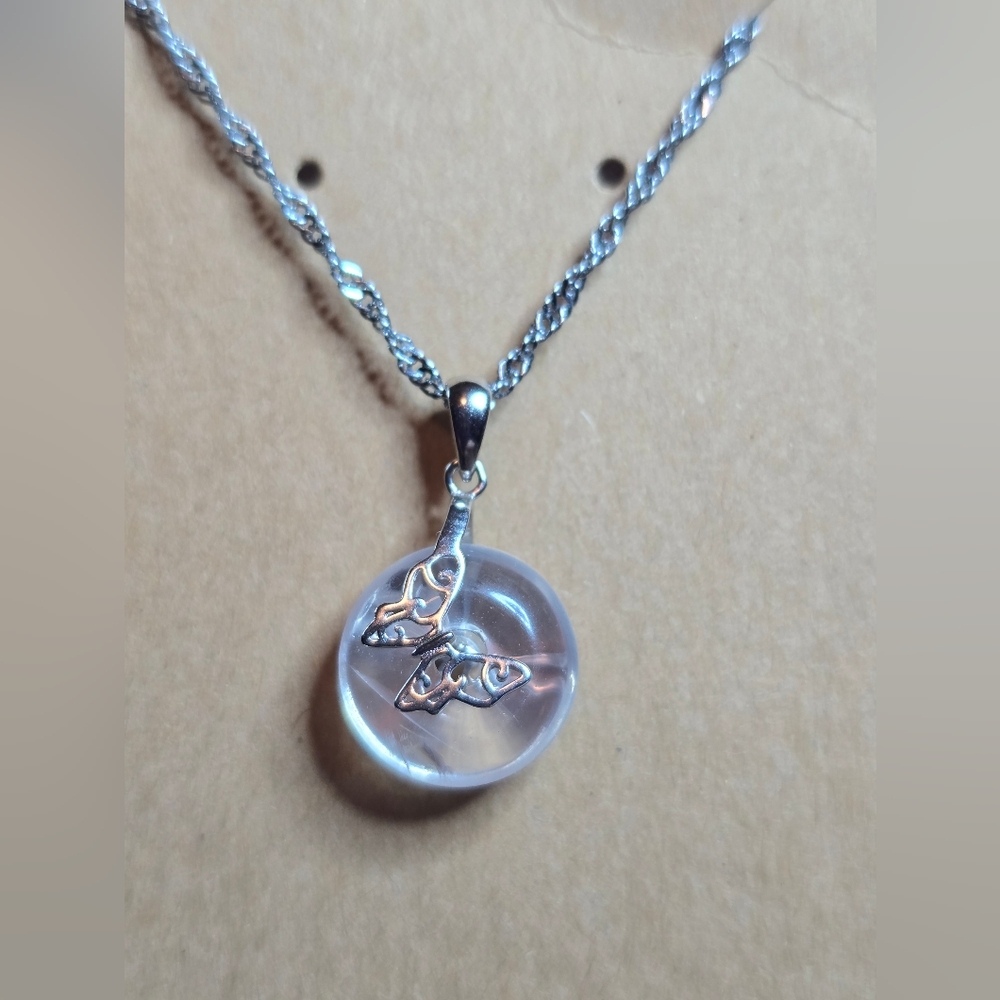 Rose Quartz Crystal Donut With Silver Butterfly Pendant Necklace